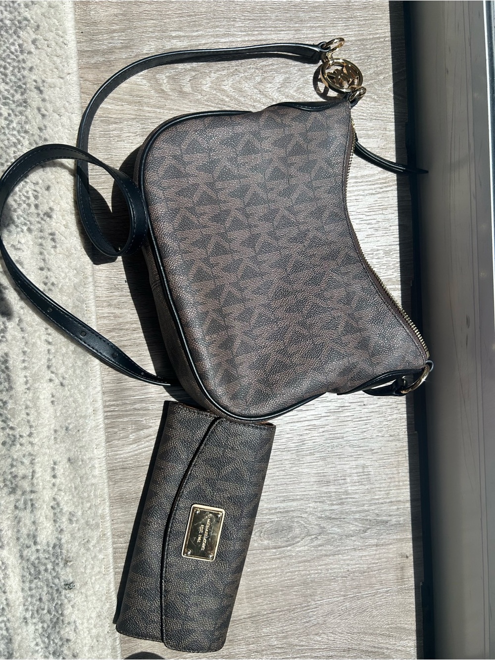 Michael Kors Brown and Black MK Logo Crossbody with Matching Wallet Set